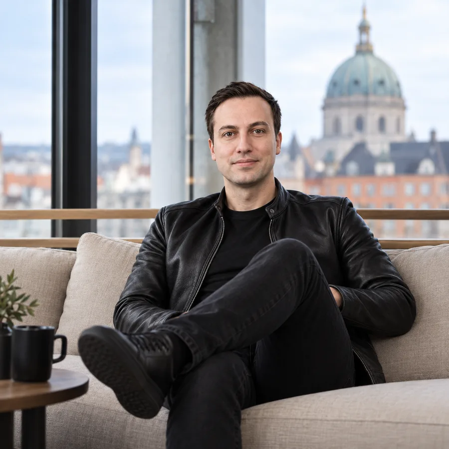 Dobromir seated on a sofa in a black leather jacket, facing the camera with Copenhagen behind him