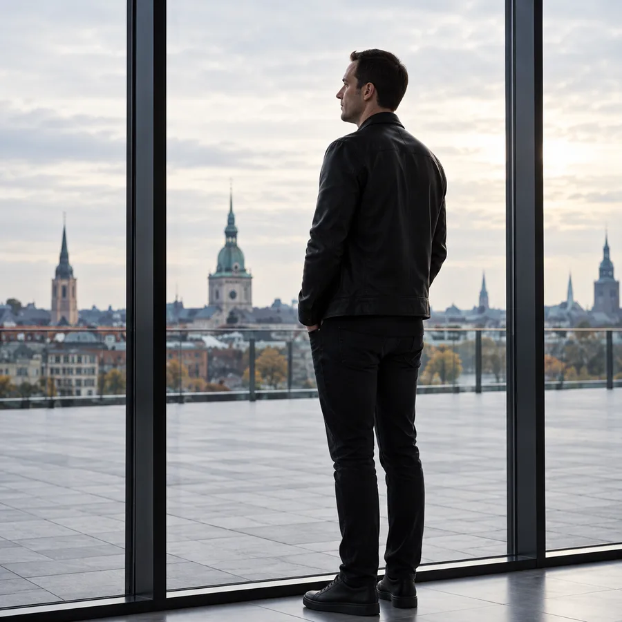 Dobromir standing in profile at a tall window and looking across the Copenhagen skyline