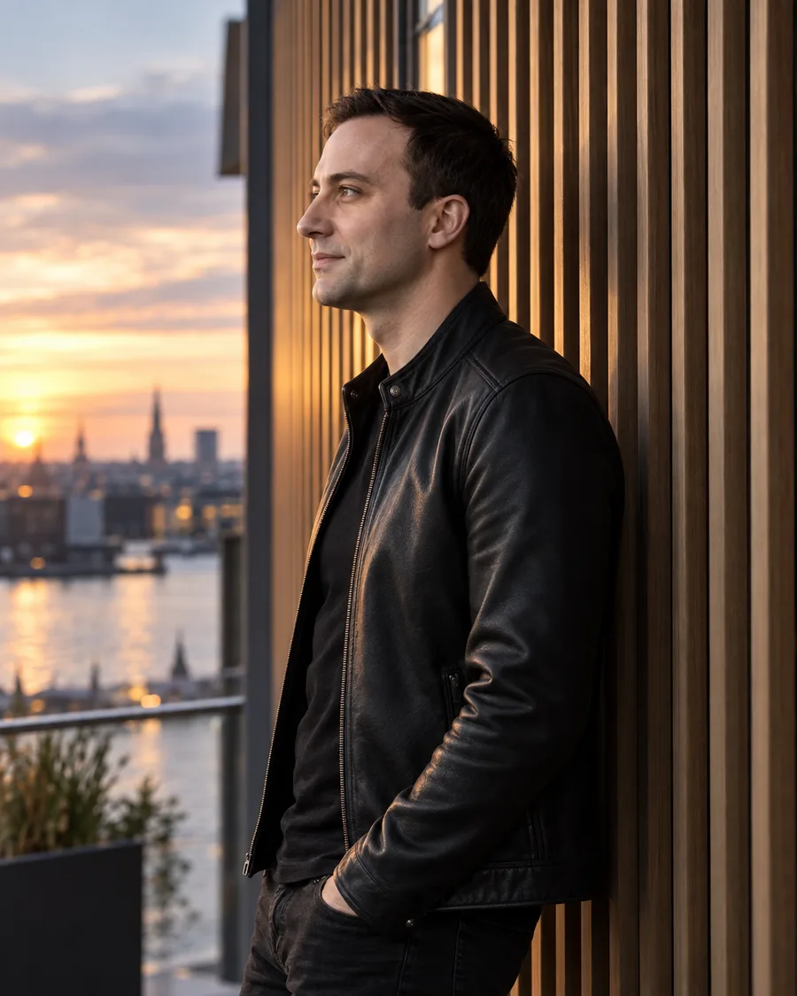 Dobromir in a black leather jacket with his hands in his pockets beside a wooden wall at sunset